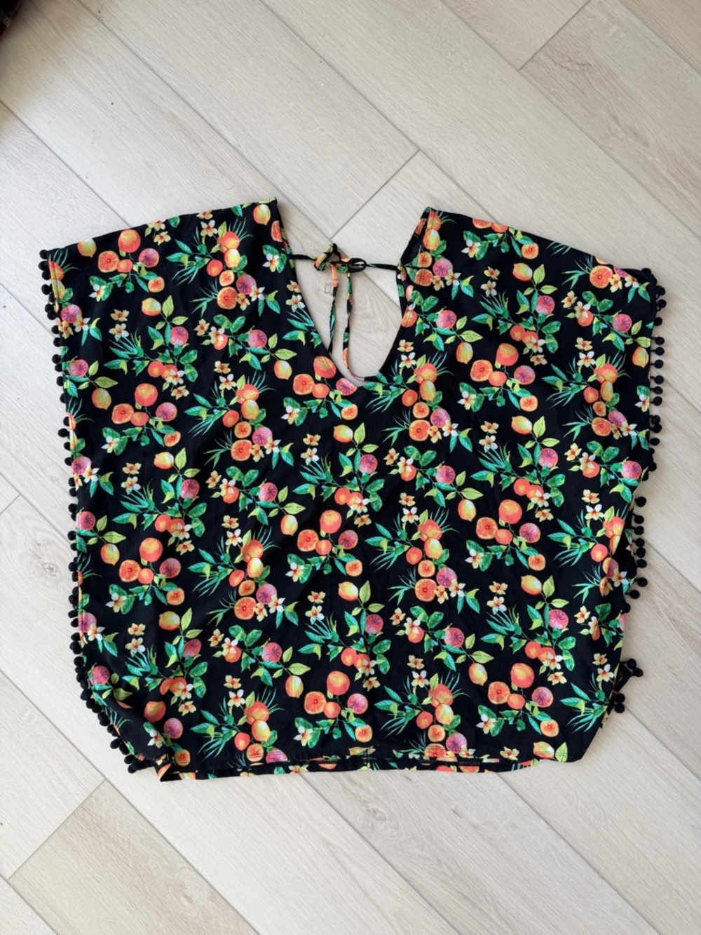 Black Fruity Pom-Pom Trim Cover-Up
